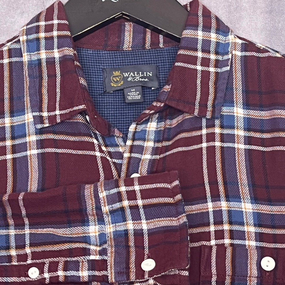 Wallin & Bros Plaid Button Down Mens M Burgundy Blue Double Cloth Flannel Shirt